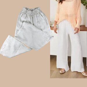Smocked 100% Linen White Palazzo Pants MEDIUM